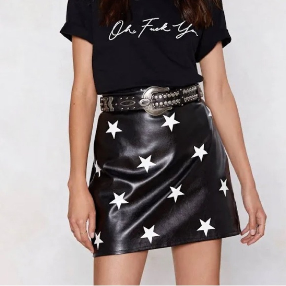 Faux leather black skirt with white stars